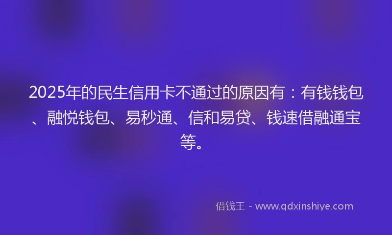 2025年的民生信用卡不通过的原因有：有钱钱包、融悦钱包、易秒通、信和易贷、钱速借融通宝等。