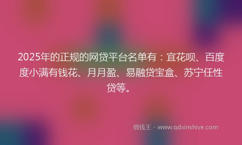 2025年的正规的网贷平台名单有：宜花呗、百度度小满有钱花、月月盈、易融贷宝盒、苏宁任性贷等。