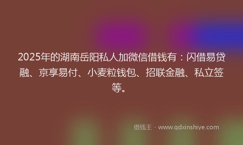 2025年的湖南岳阳私人加微信借钱有：闪借易贷融、京享易付、小麦粒钱包、招联金融、私立签等。