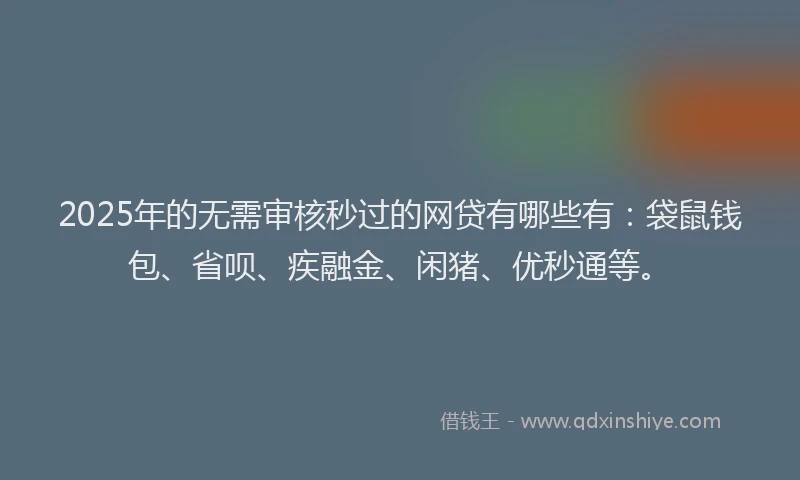 2025年的无需审核秒过的网贷有哪些有：袋鼠钱包、省呗、疾融金、闲猪、优秒通等。