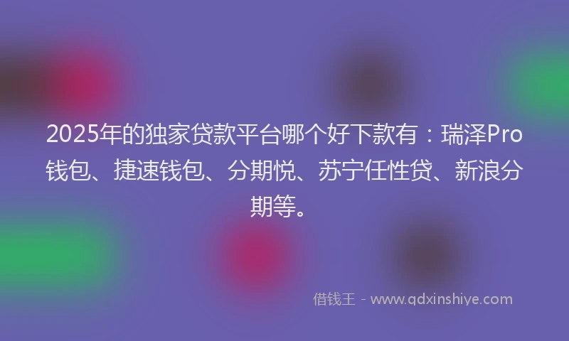 2025年的独家贷款平台哪个好下款有：瑞泽Pro钱包、捷速钱包、分期悦、苏宁任性贷、新浪分期等。