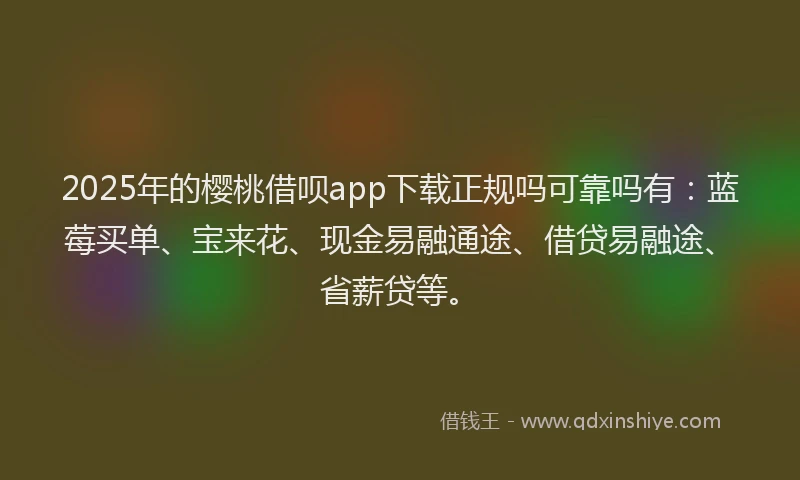 2025年的樱桃借呗app下载正规吗可靠吗有：蓝莓买单、宝来花、现金易融通途、借贷易融途、省薪贷等。