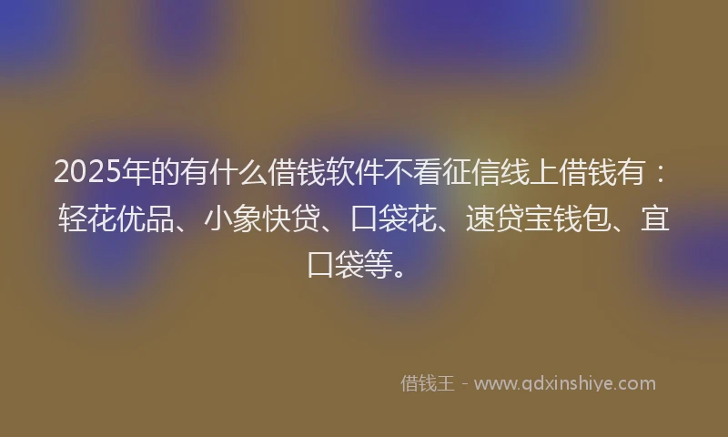 2025年的有什么借钱软件不看征信线上借钱有：轻花优品、小象快贷、口袋花、速贷宝钱包、宜口袋等。