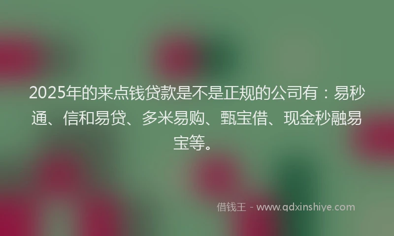 2025年的来点钱贷款是不是正规的公司有：易秒通、信和易贷、多米易购、甄宝借、现金秒融易宝等。