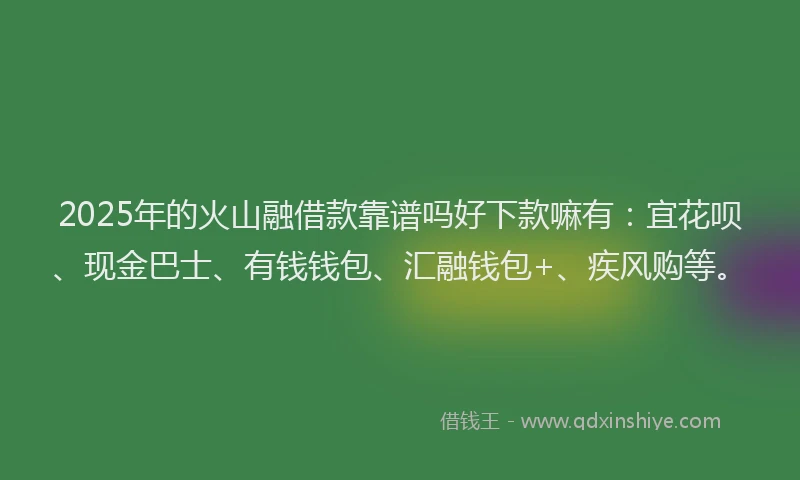 2025年的火山融借款靠谱吗好下款嘛有：宜花呗、现金巴士、有钱钱包、汇融钱包+、疾风购等。