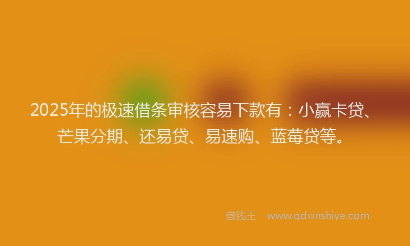 2025年的极速借条审核容易下款有：小赢卡贷、芒果分期、还易贷、易速购、蓝莓贷等。