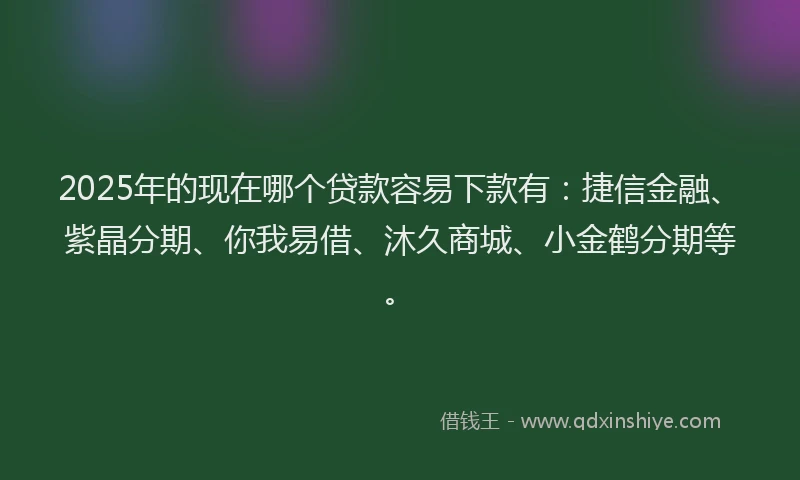 2025年的现在哪个贷款容易下款有：捷信金融、紫晶分期、你我易借、沐久商城、小金鹤分期等。