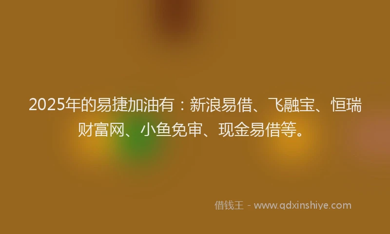 2025年的易捷加油有：新浪易借、飞融宝、恒瑞财富网、小鱼免审、现金易借等。