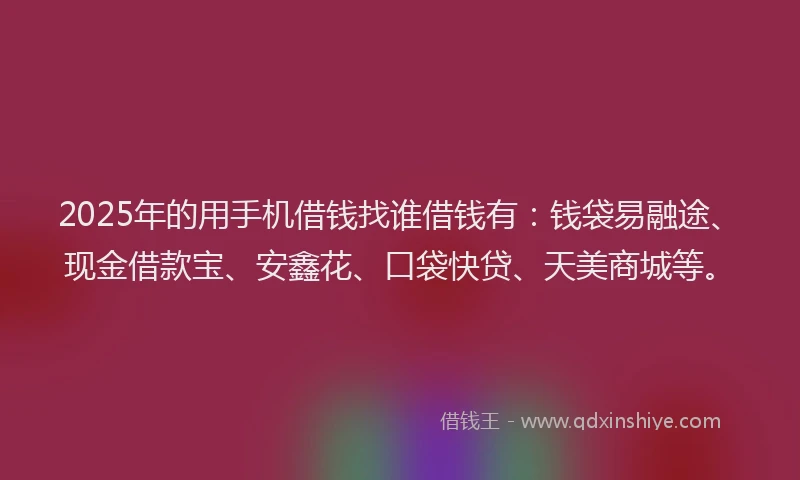 2025年的用手机借钱找谁借钱有：钱袋易融途、现金借款宝、安鑫花、口袋快贷、天美商城等。
