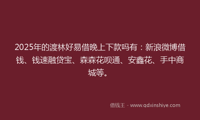 2025年的渡林好易借晚上下款吗有：新浪微博借钱、钱速融贷宝、森森花呗通、安鑫花、手中商城等。