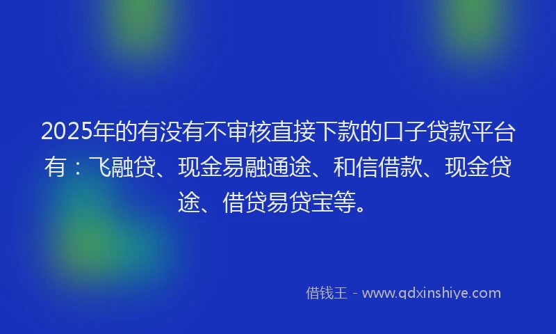 2025年的有没有不审核直接下款的口子贷款平台有：飞融贷、现金易融通途、和信借款、现金贷途、借贷易贷宝等。
