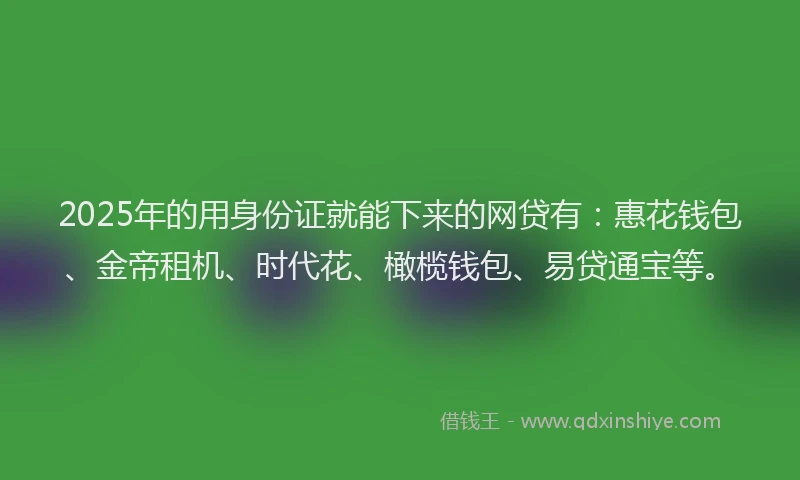 2025年的用身份证就能下来的网贷有：惠花钱包、金帝租机、时代花、橄榄钱包、易贷通宝等。