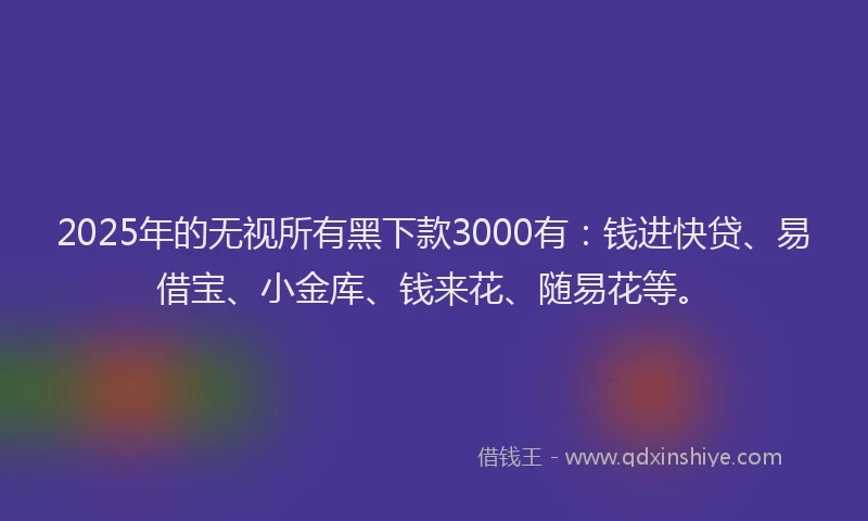 2025年的无视所有黑下款3000有：钱进快贷、易借宝、小金库、钱来花、随易花等。