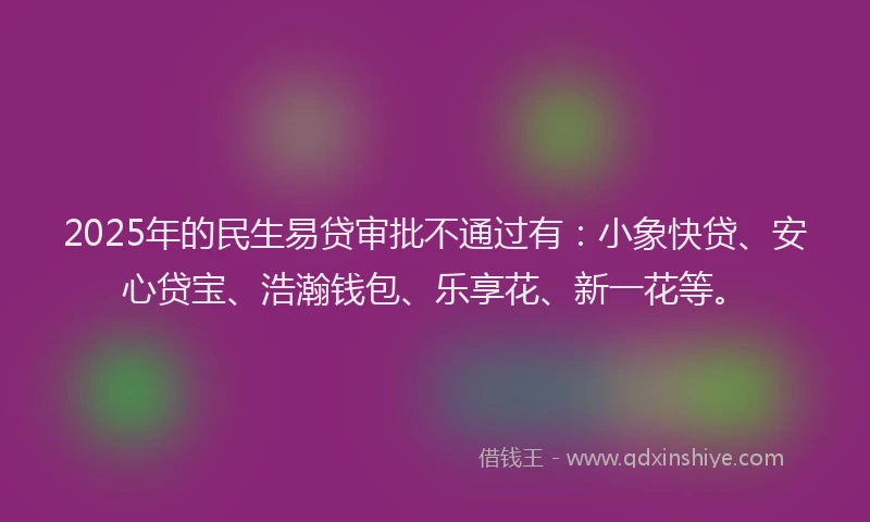 2025年的民生易贷审批不通过有：小象快贷、安心贷宝、浩瀚钱包、乐享花、新一花等。