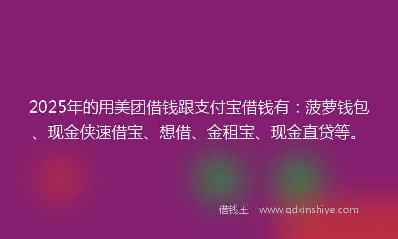 2025年的用美团借钱跟支付宝借钱有：菠萝钱包、现金侠速借宝、想借、金租宝、现金直贷等。
