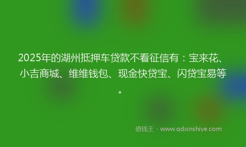 2025年的湖州抵押车贷款不看征信有：宝来花、小吉商城、维维钱包、现金快贷宝、闪贷宝易等。