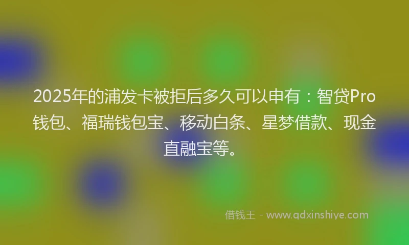 2025年的浦发卡被拒后多久可以申有：智贷Pro钱包、福瑞钱包宝、移动白条、星梦借款、现金直融宝等。