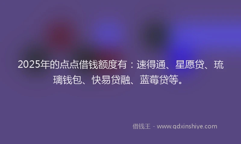 2025年的点点借钱额度有：速得通、星愿贷、琉璃钱包、快易贷融、蓝莓贷等。