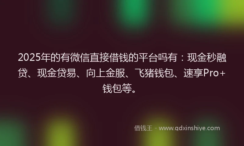 2025年的有微信直接借钱的平台吗有：现金秒融贷、现金贷易、向上金服、飞猪钱包、速享Pro+钱包等。