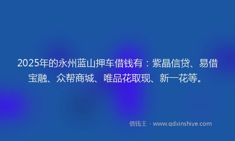 2025年的永州蓝山押车借钱有：紫晶信贷、易借宝融、众帮商城、唯品花取现、新一花等。