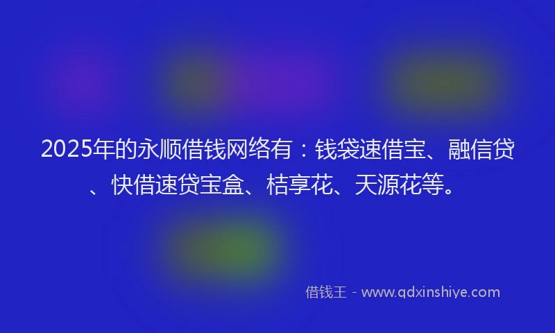 2025年的永顺借钱网络有：钱袋速借宝、融信贷、快借速贷宝盒、桔享花、天源花等。