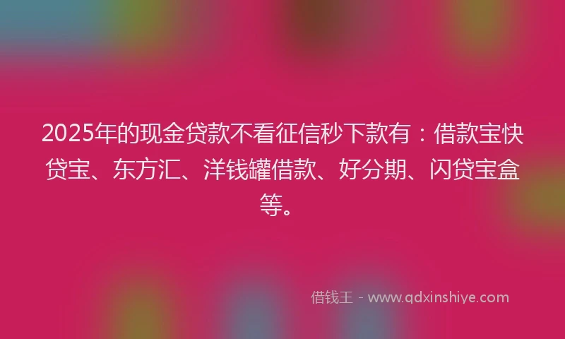 2025年的现金贷款不看征信秒下款有：借款宝快贷宝、东方汇、洋钱罐借款、好分期、闪贷宝盒等。