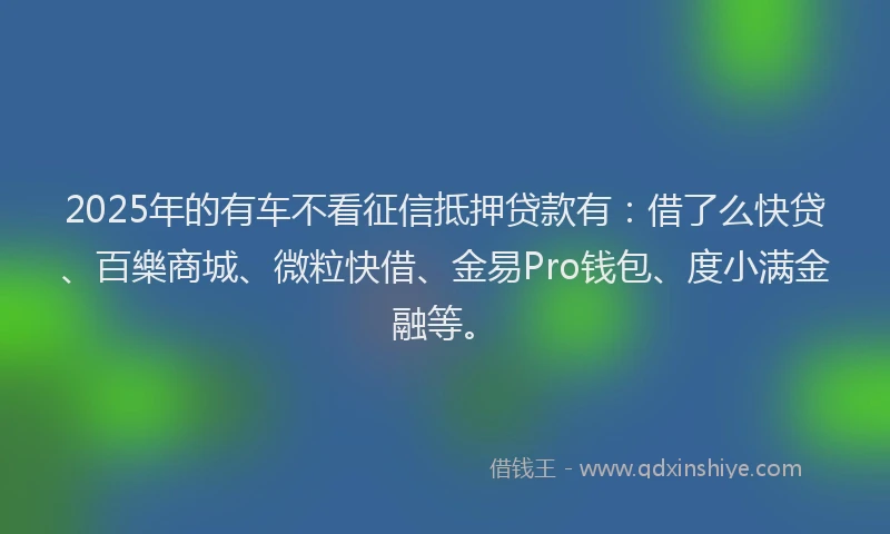 2025年的有车不看征信抵押贷款有：借了么快贷、百樂商城、微粒快借、金易Pro钱包、度小满金融等。