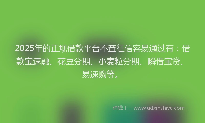2025年的正规借款平台不查征信容易通过有：借款宝速融、花豆分期、小麦粒分期、瞬借宝贷、易速购等。