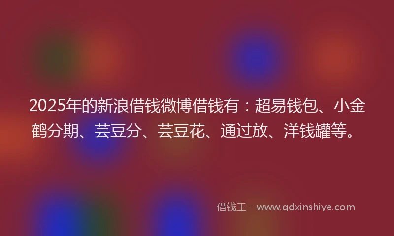 2025年的新浪借钱微博借钱有：超易钱包、小金鹤分期、芸豆分、芸豆花、通过放、洋钱罐等。