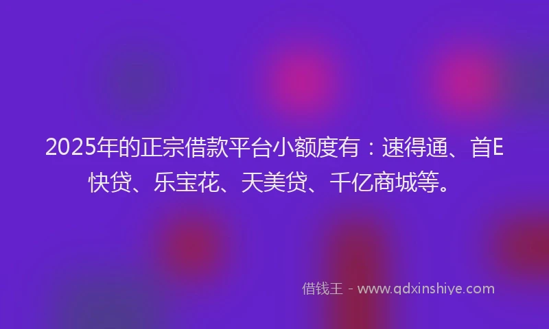 2025年的正宗借款平台小额度有：速得通、首E快贷、乐宝花、天美贷、千亿商城等。