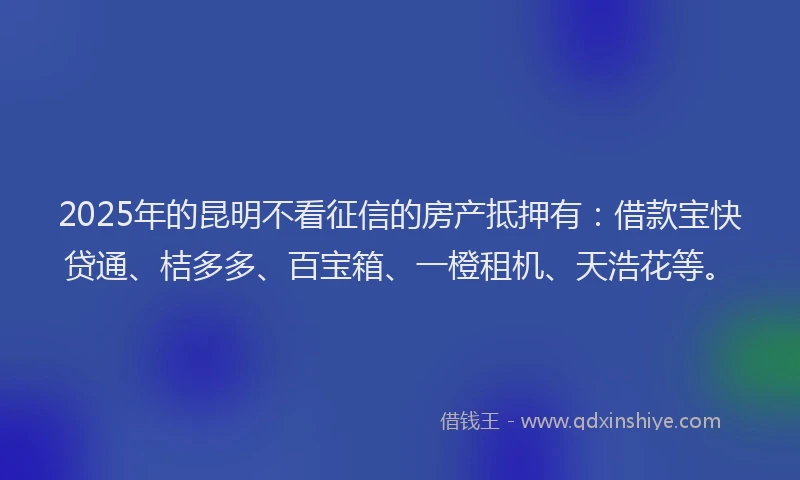 2025年的昆明不看征信的房产抵押有：借款宝快贷通、桔多多、百宝箱、一橙租机、天浩花等。