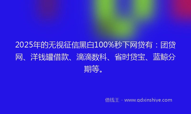 2025年的无视征信黑白100%秒下网贷有：团贷网、洋钱罐借款、滴滴数科、省时贷宝、蓝鲸分期等。