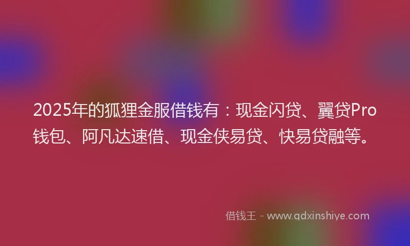 2025年的狐狸金服借钱有：现金闪贷、翼贷Pro钱包、阿凡达速借、现金侠易贷、快易贷融等。