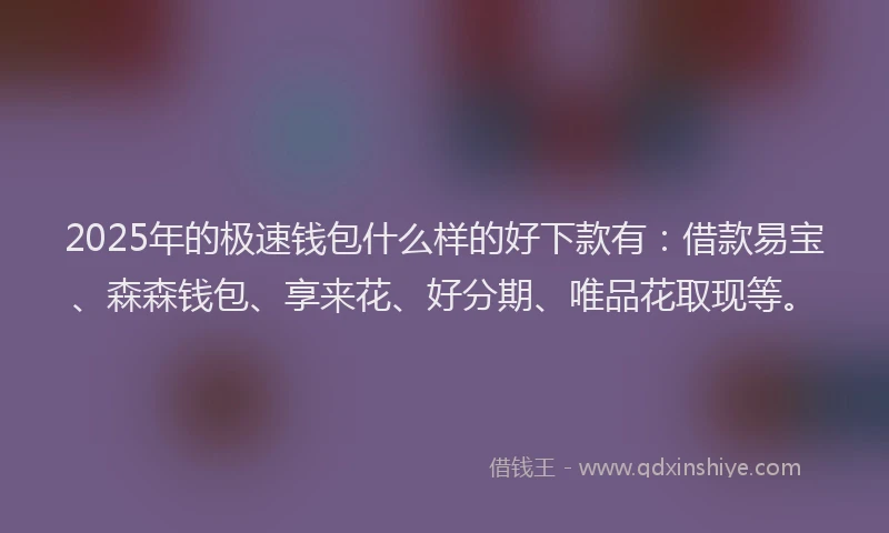 2025年的极速钱包什么样的好下款有：借款易宝、森森钱包、享来花、好分期、唯品花取现等。