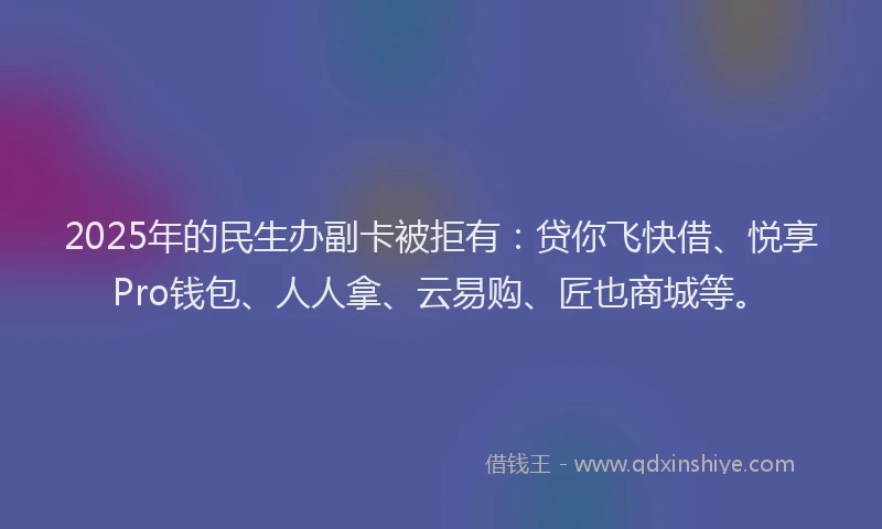 2025年的民生办副卡被拒有：贷你飞快借、悦享Pro钱包、人人拿、云易购、匠也商城等。