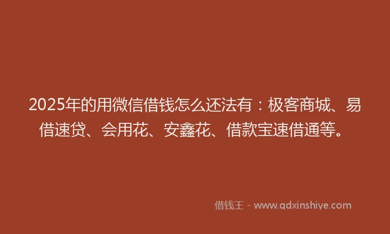 2025年的用微信借钱怎么还法有：极客商城、易借速贷、会用花、安鑫花、借款宝速借通等。