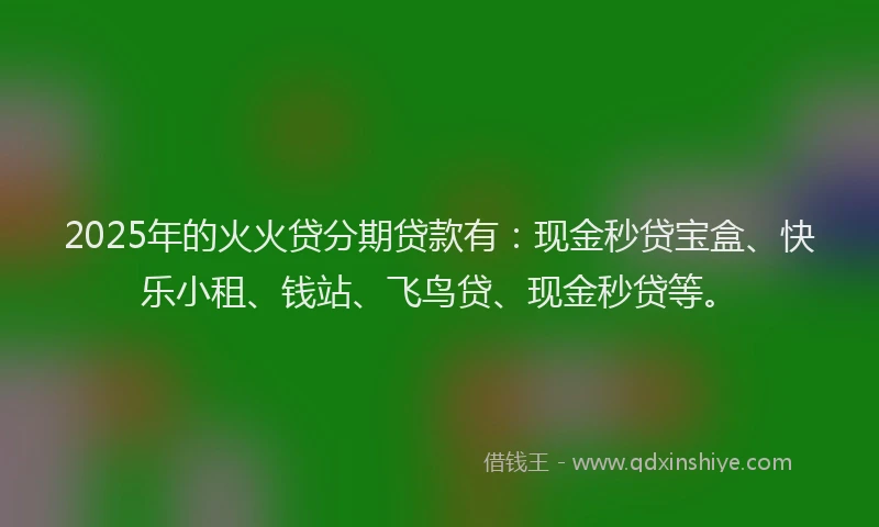 2025年的火火贷分期贷款有：现金秒贷宝盒、快乐小租、钱站、飞鸟贷、现金秒贷等。