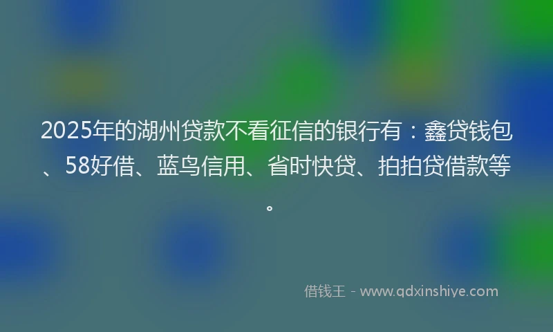 2025年的湖州贷款不看征信的银行有：鑫贷钱包、58好借、蓝鸟信用、省时快贷、拍拍贷借款等。