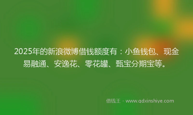 2025年的新浪微博借钱额度有：小鱼钱包、现金易融通、安逸花、零花罐、甄宝分期宝等。