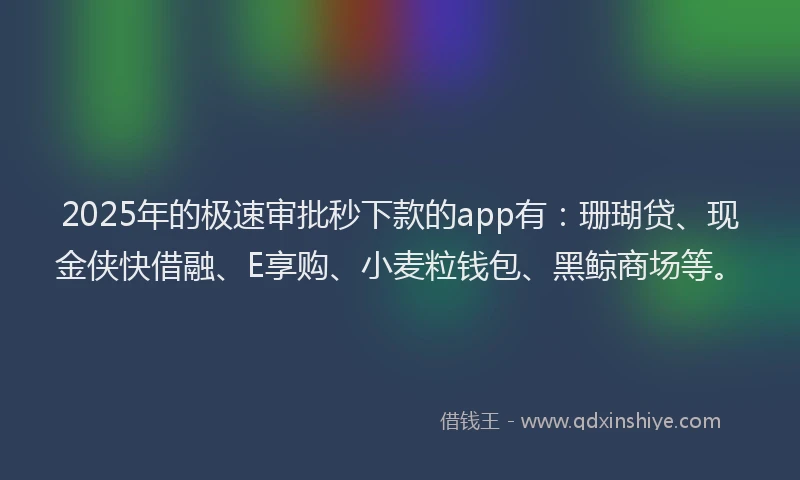 2025年的极速审批秒下款的app有：珊瑚贷、现金侠快借融、E享购、小麦粒钱包、黑鲸商场等。