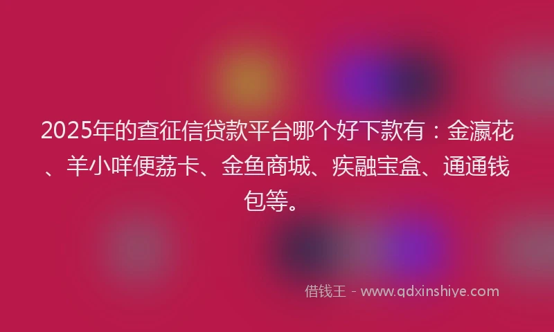 2025年的查征信贷款平台哪个好下款有：金瀛花、羊小咩便荔卡、金鱼商城、疾融宝盒、通通钱包等。