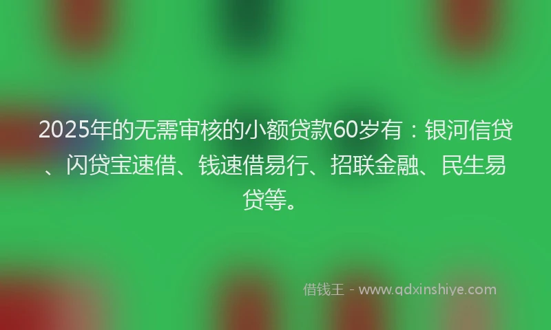 2025年的无需审核的小额贷款60岁有：银河信贷、闪贷宝速借、钱速借易行、招联金融、民生易贷等。