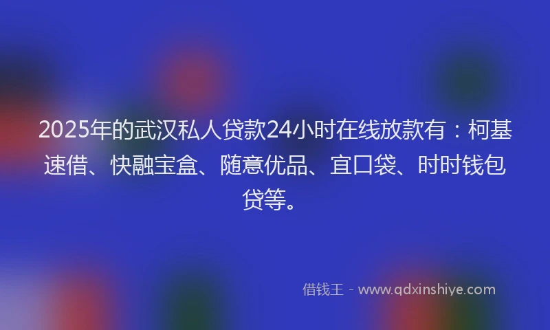2025年的武汉私人贷款24小时在线放款有：柯基速借、快融宝盒、随意优品、宜口袋、时时钱包贷等。