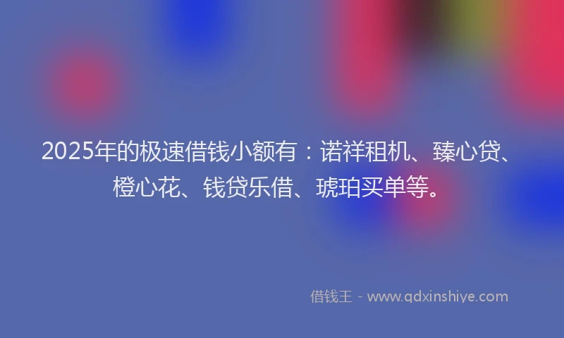 2025年的极速借钱小额有：诺祥租机、臻心贷、橙心花、钱贷乐借、琥珀买单等。