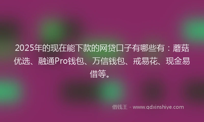 2025年的现在能下款的网贷口子有哪些有：蘑菇优选、融通Pro钱包、万信钱包、戒易花、现金易借等。