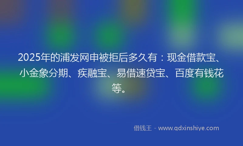 2025年的浦发网申被拒后多久有：现金借款宝、小金象分期、疾融宝、易借速贷宝、百度有钱花等。