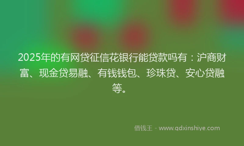 2025年的有网贷征信花银行能贷款吗有：沪商财富、现金贷易融、有钱钱包、珍珠贷、安心贷融等。