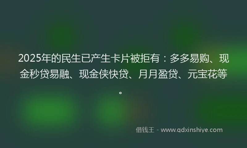2025年的民生已产生卡片被拒有：多多易购、现金秒贷易融、现金侠快贷、月月盈贷、元宝花等。