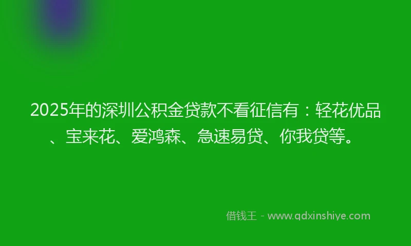 2025年的深圳公积金贷款不看征信有：轻花优品、宝来花、爱鸿森、急速易贷、你我贷等。