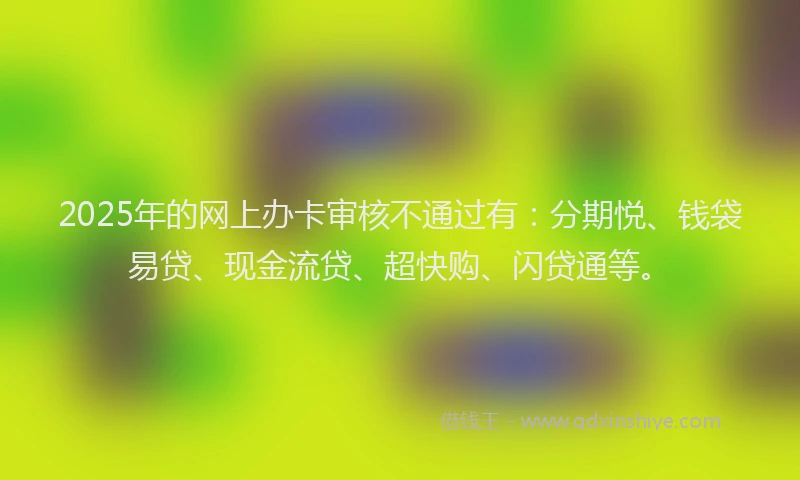 2025年的网上办卡审核不通过有：分期悦、钱袋易贷、现金流贷、超快购、闪贷通等。